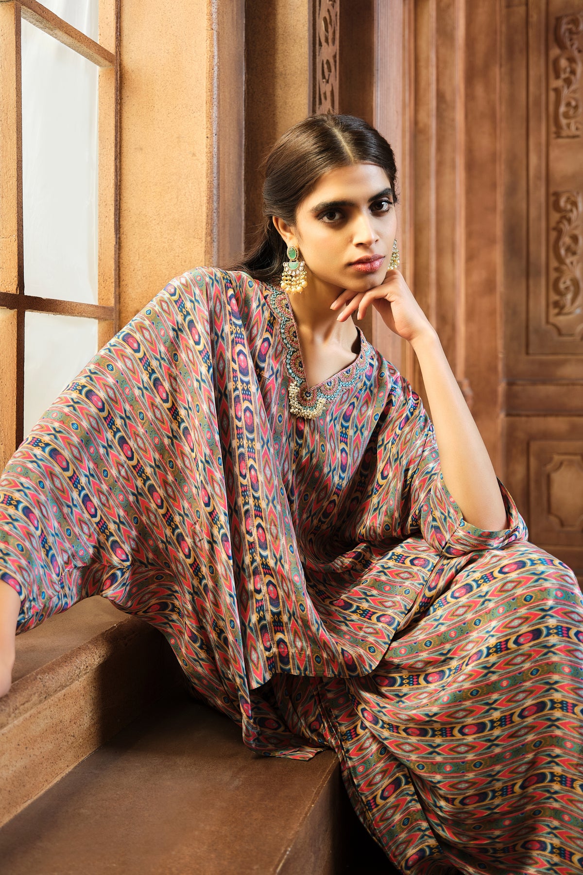 Olive Green Stripes Kaftan With Skirt