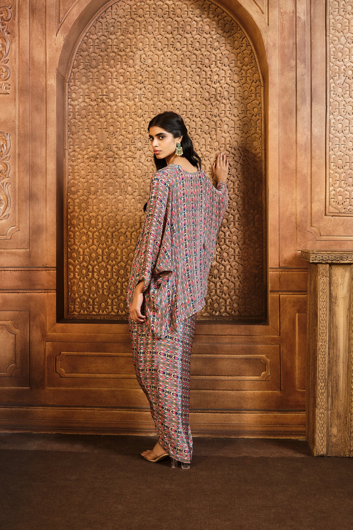 Olive Green Stripes Kaftan With Skirt