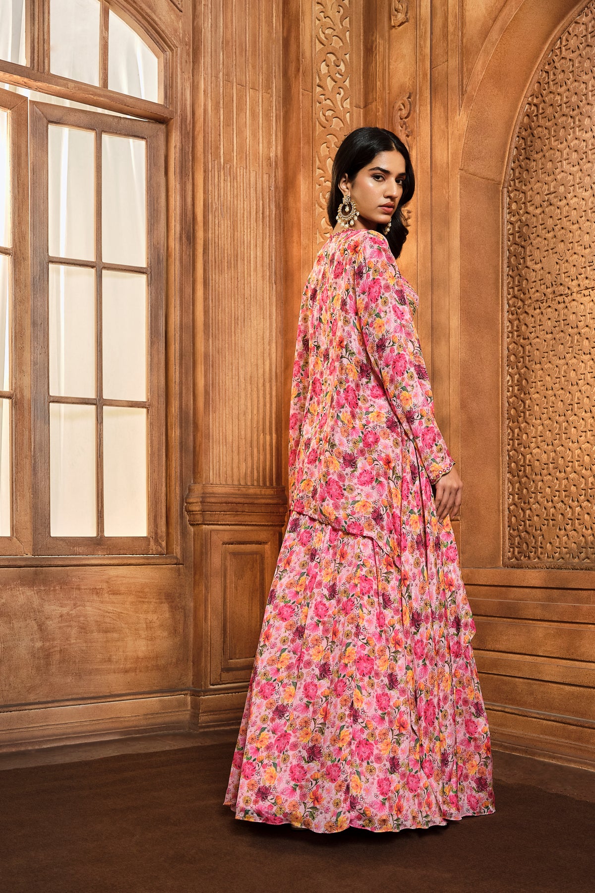 Pink Watercolor Printed Cape Skirt Set