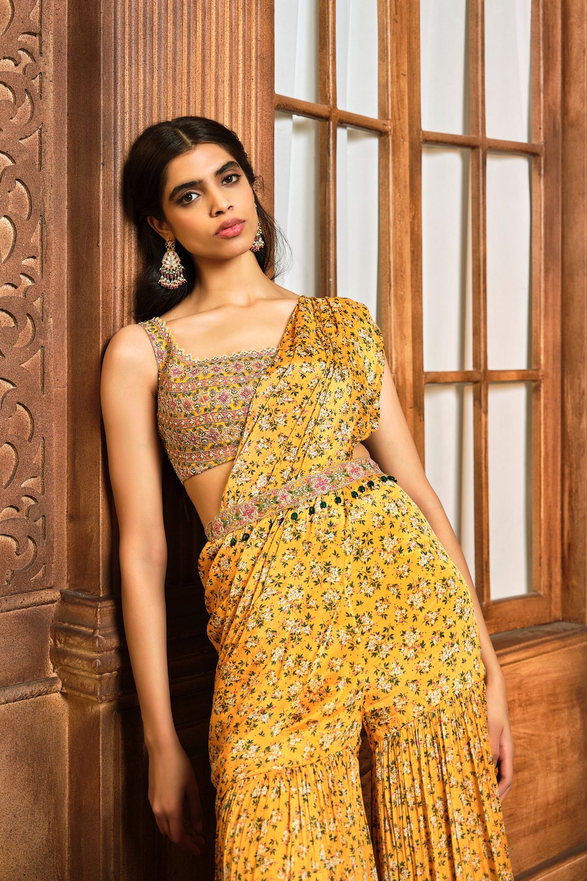 Yellow Floral Printed Draped Sharara Saree