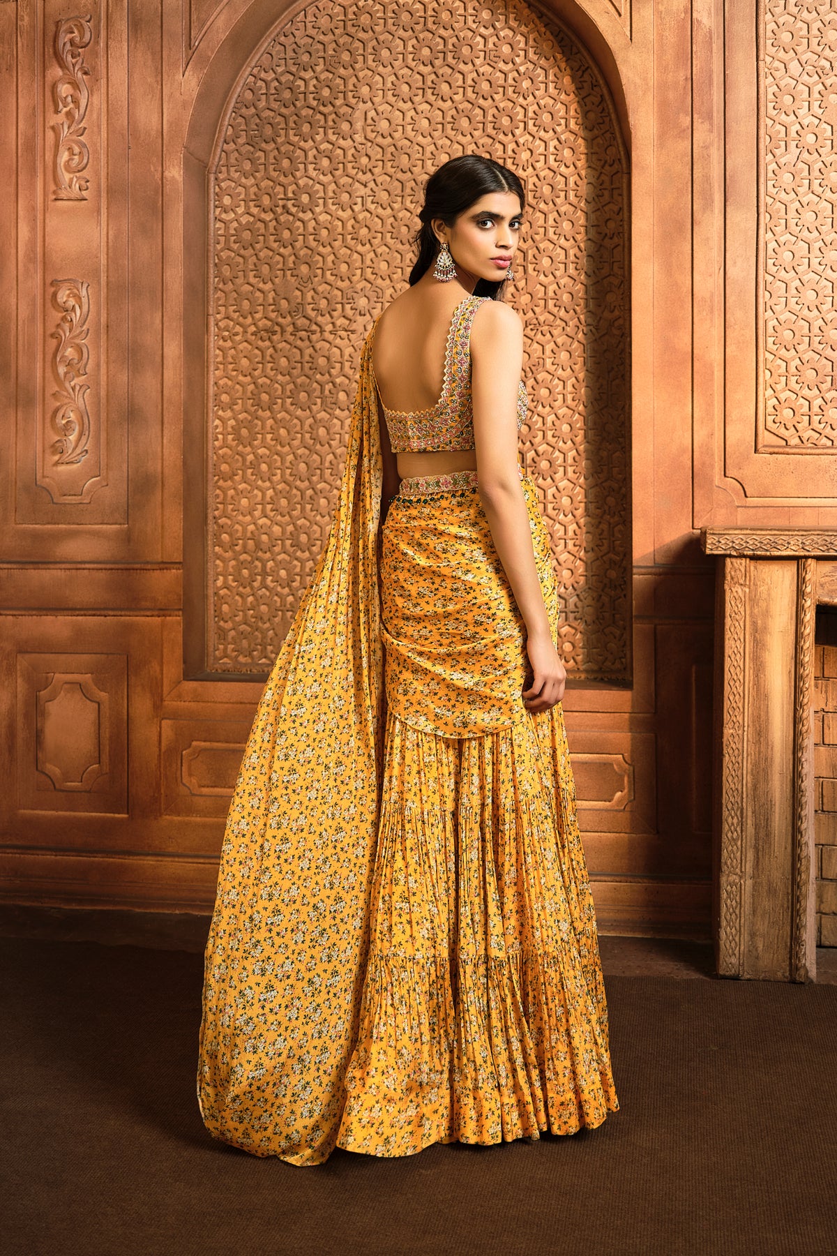 Yellow Floral Printed Draped Sharara Saree