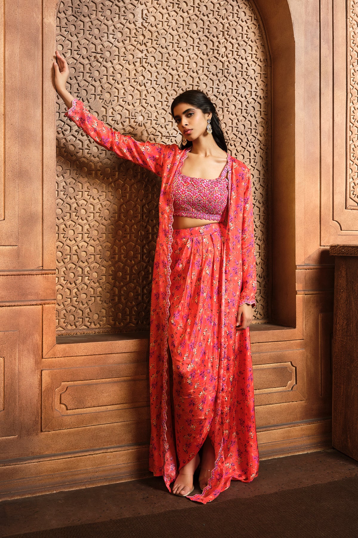 Orange Abstract Printed Jacket Skirt Set