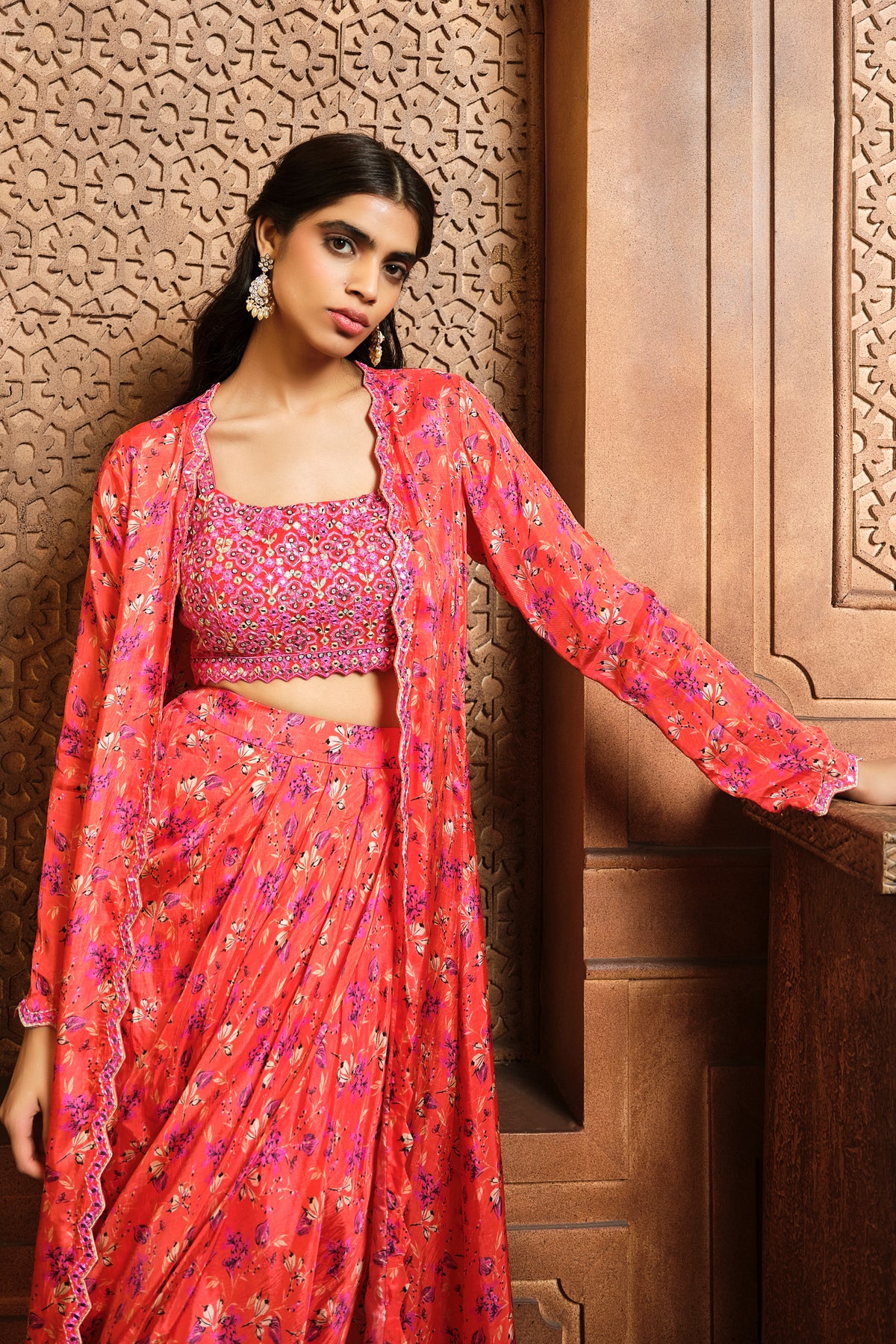 Orange Abstract Printed Jacket Skirt Set