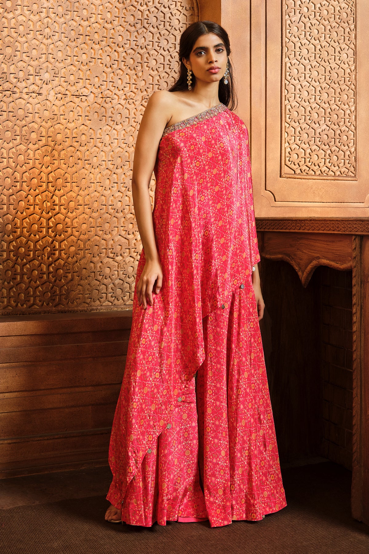 Vermillion Red One Shoulder Top With Sharara