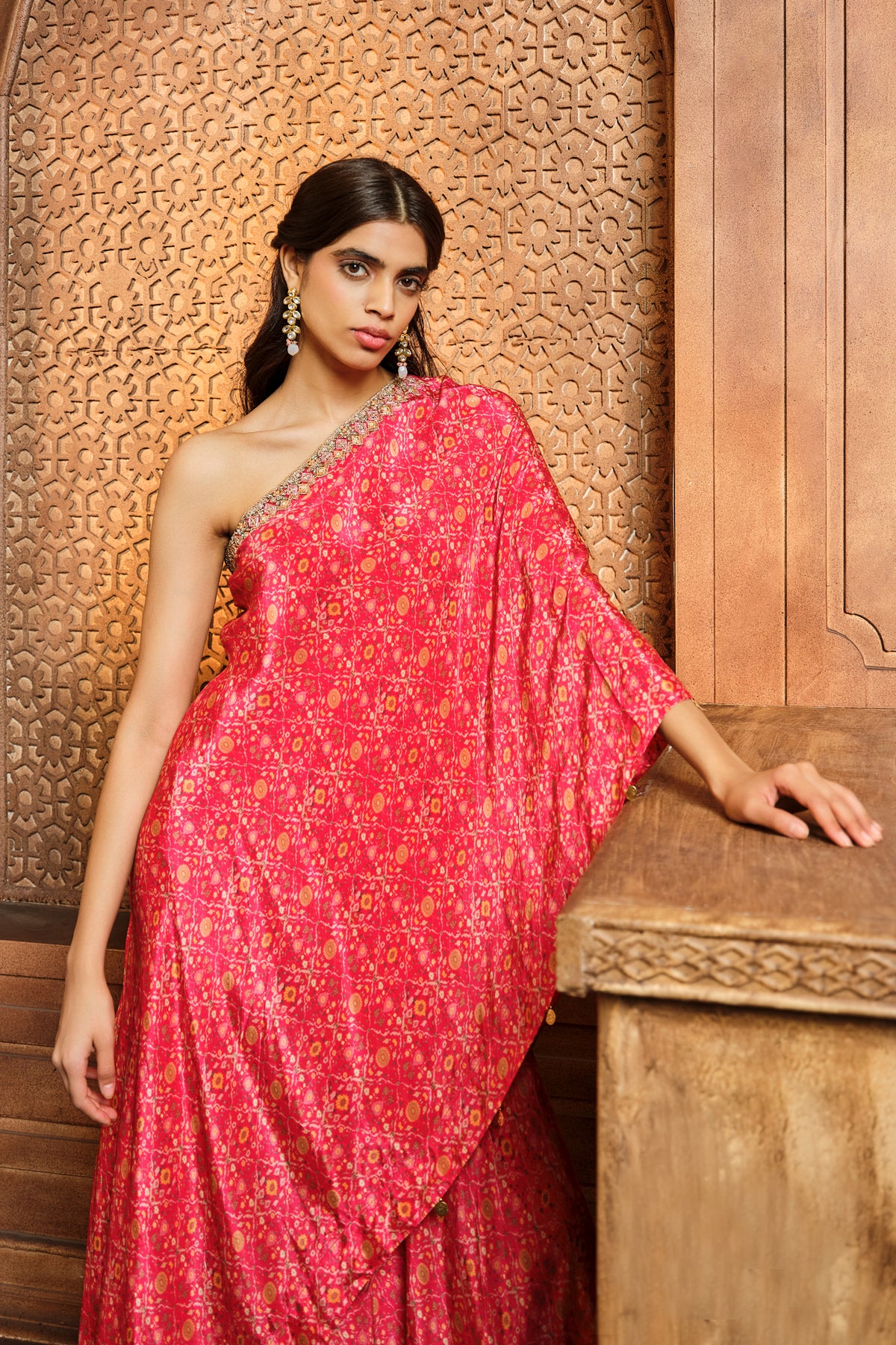 Vermillion Red One Shoulder Top With Sharara