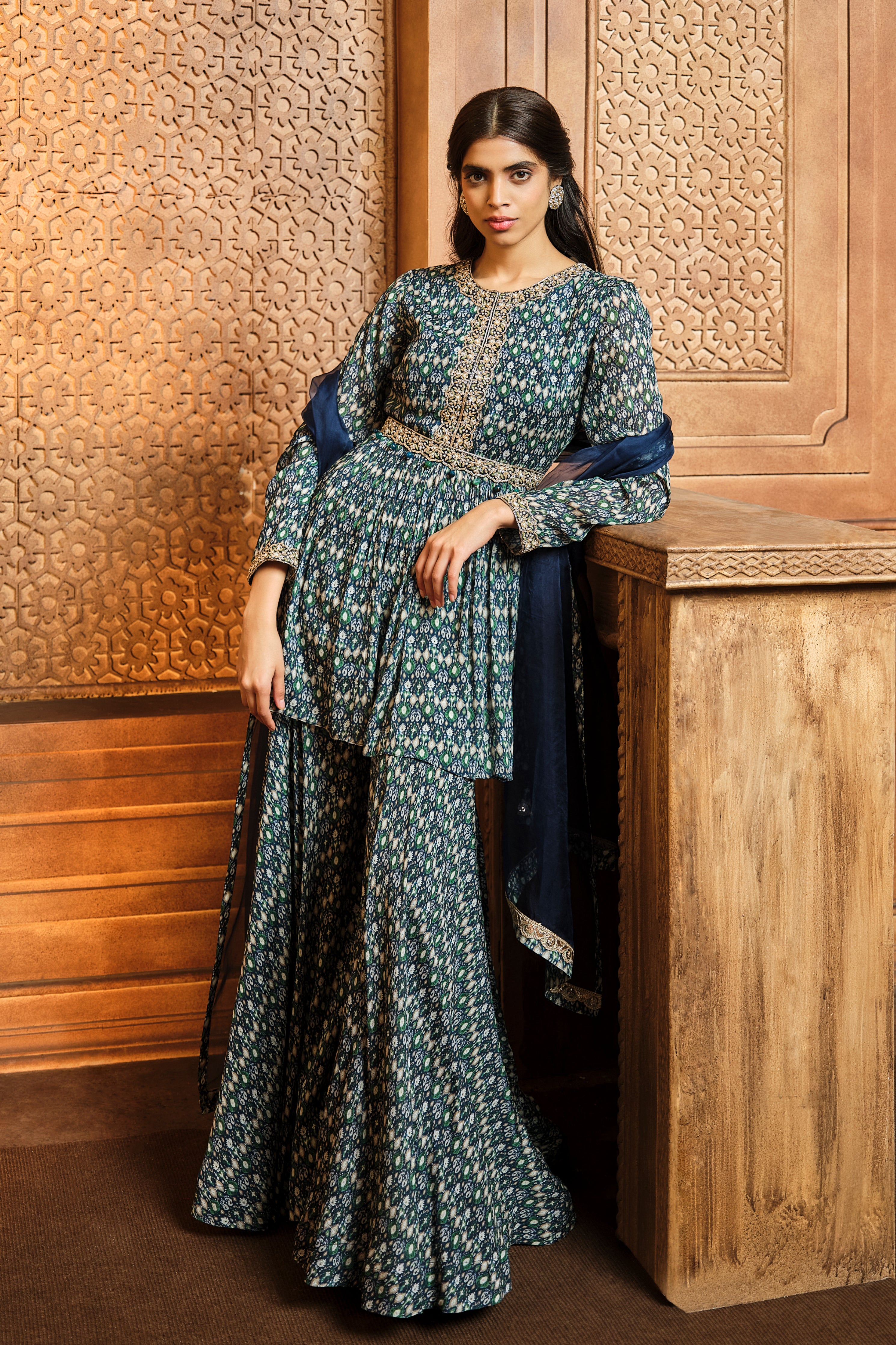 Aneesh Agarwaal - Navy Ikkat Peplum Sharara Set
