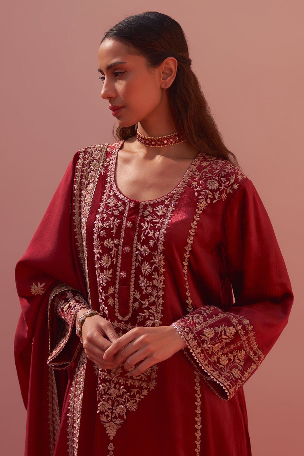 Maroon Velvet Choga Set