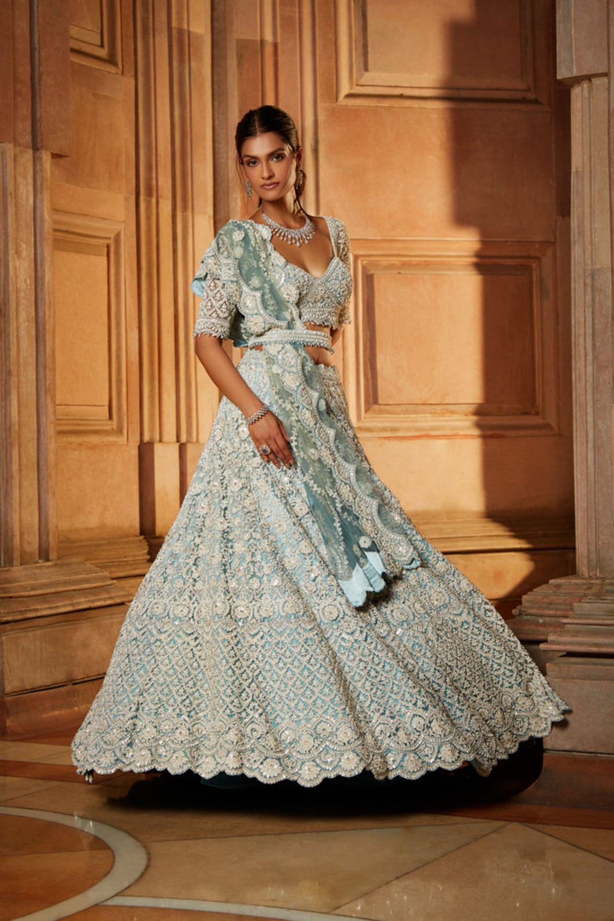 Aqua Ombrey Tulle Lehenga Set