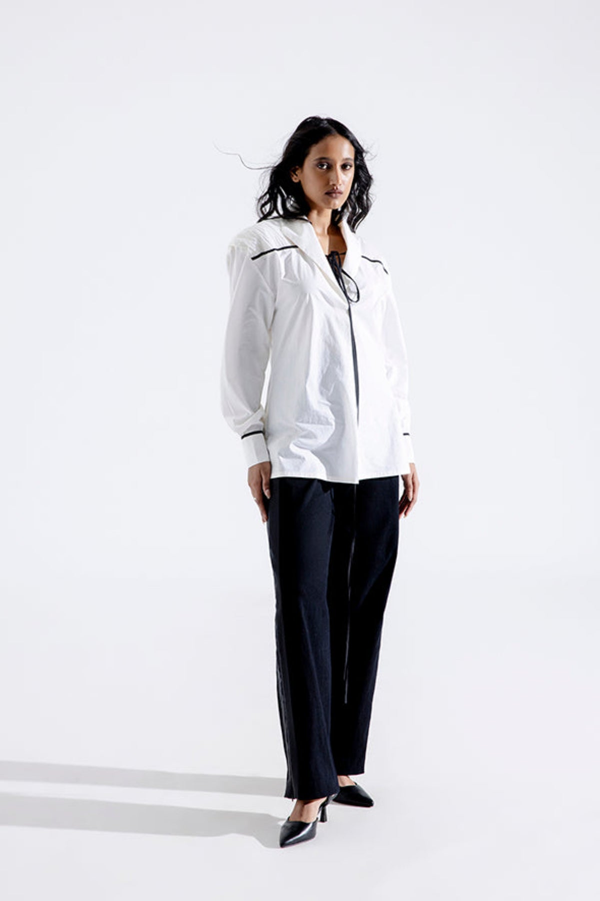 White Poplin Shirt With  Ruched Yoke