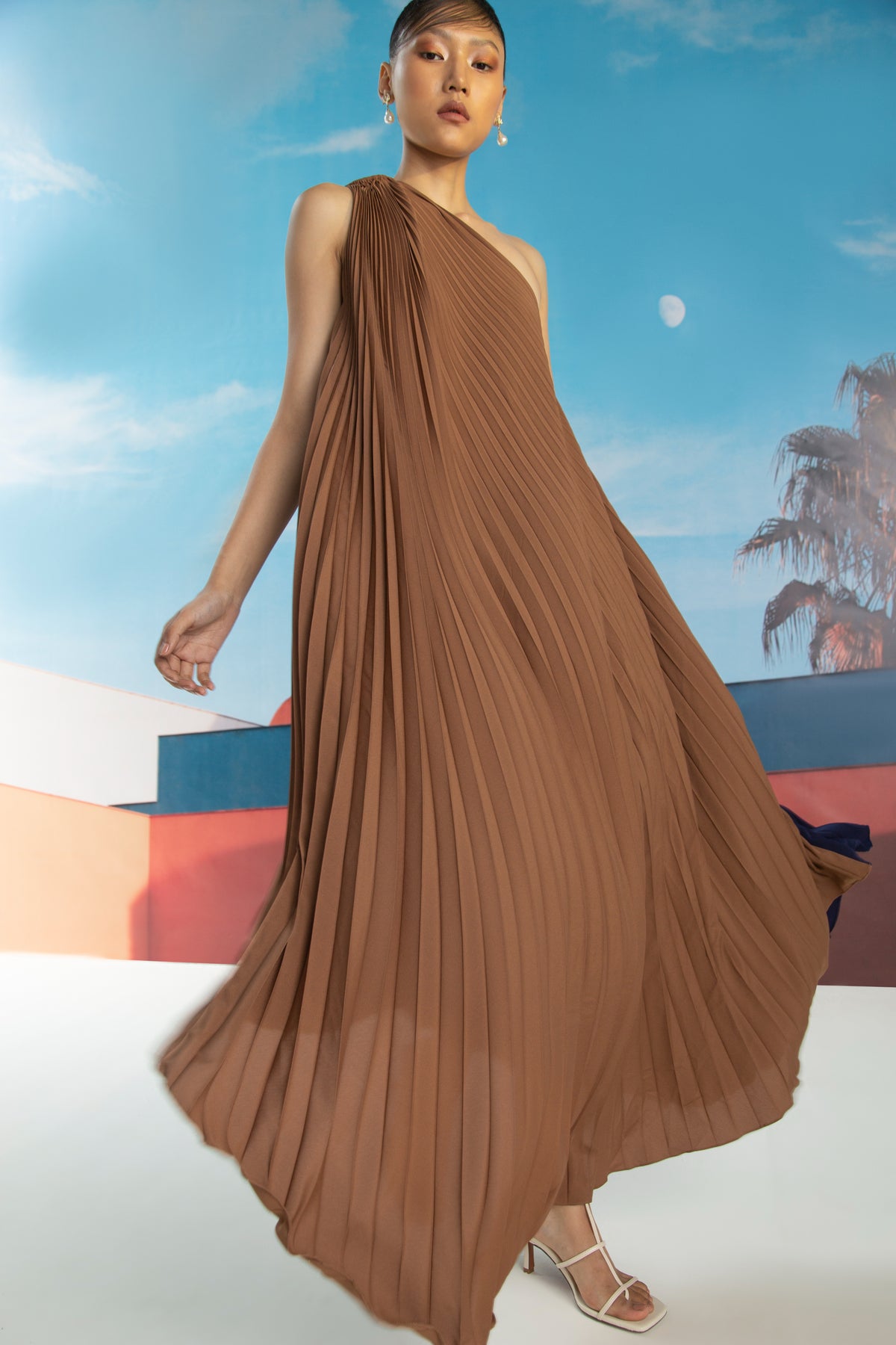 Blue Brown Ring Pleated Dress