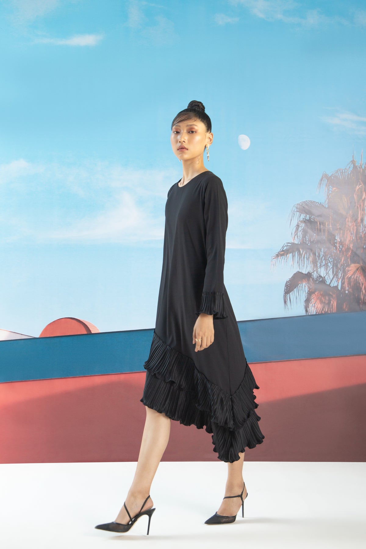 Black Angled Pleated Dress