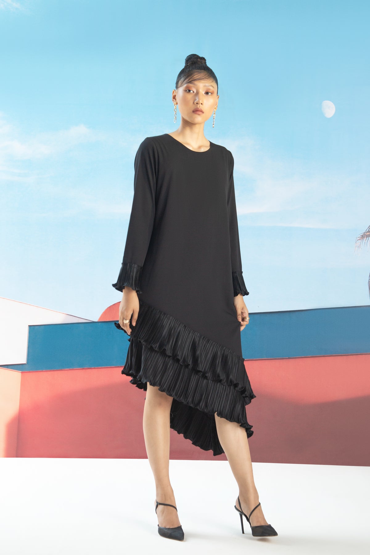 Black Angled Pleated Dress