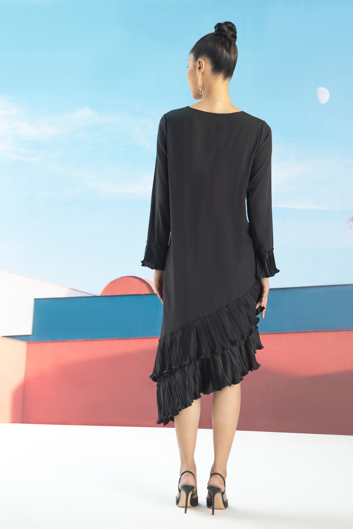 Black Angled Pleated Dress