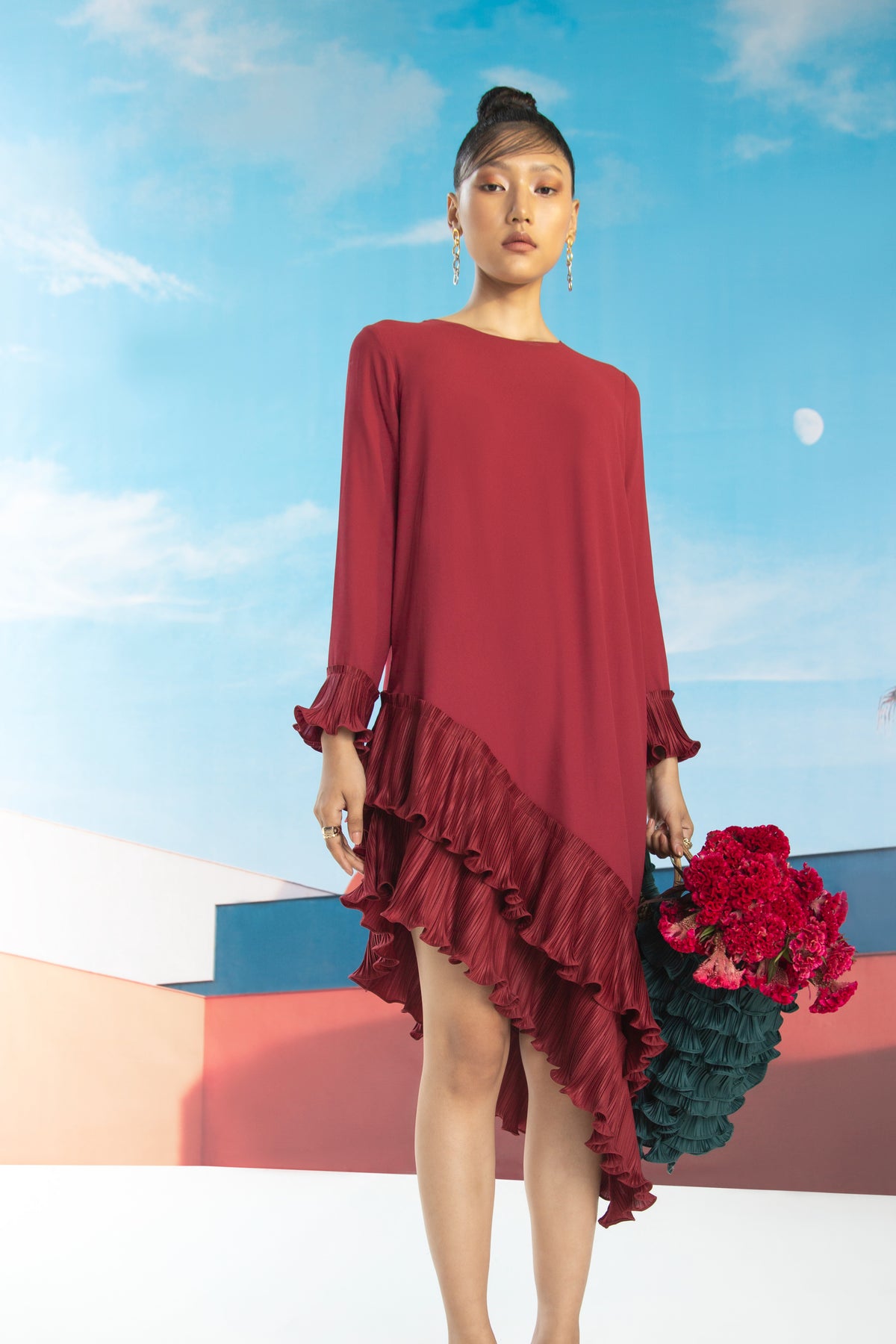 Maroon Angled Pleated Dress