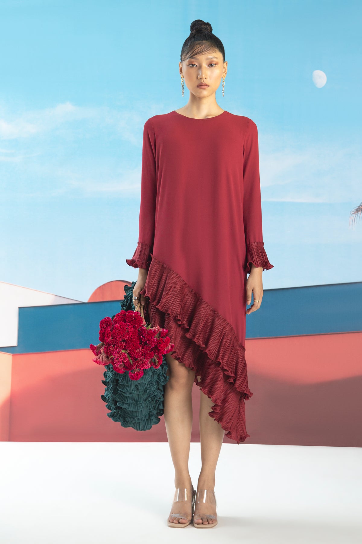 Maroon Angled Pleated Dress