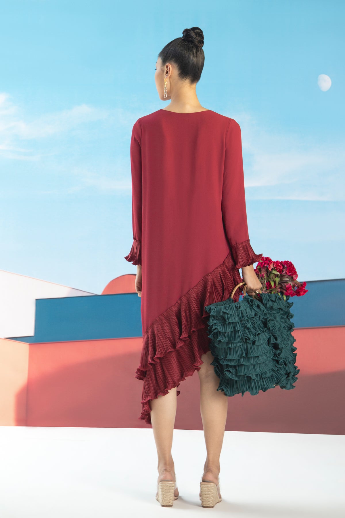 Maroon Angled Pleated Dress