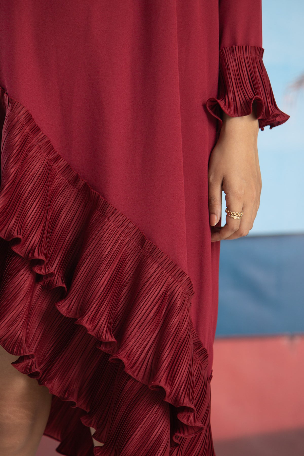 Maroon Angled Pleated Dress