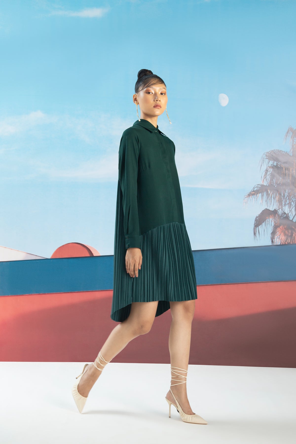 Green Shirt Pleats Dress