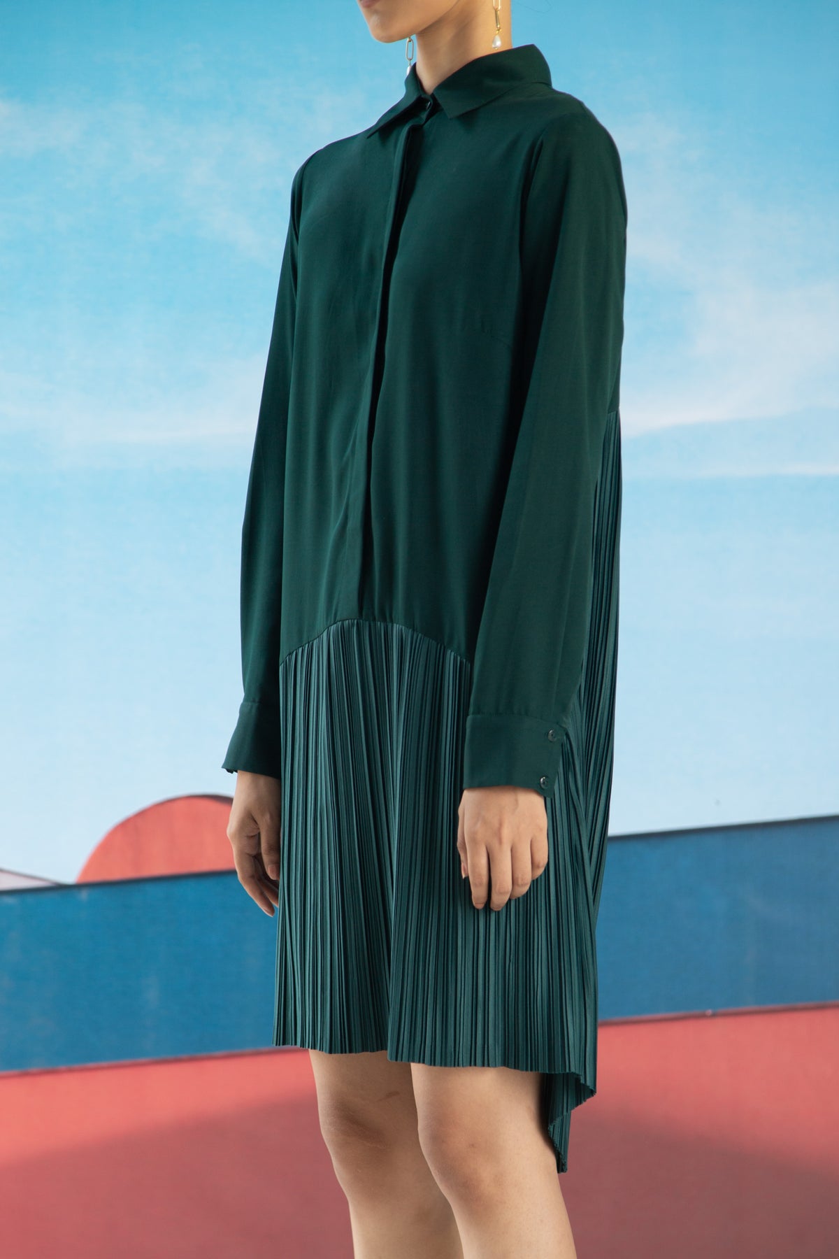 Green Shirt Pleats Dress