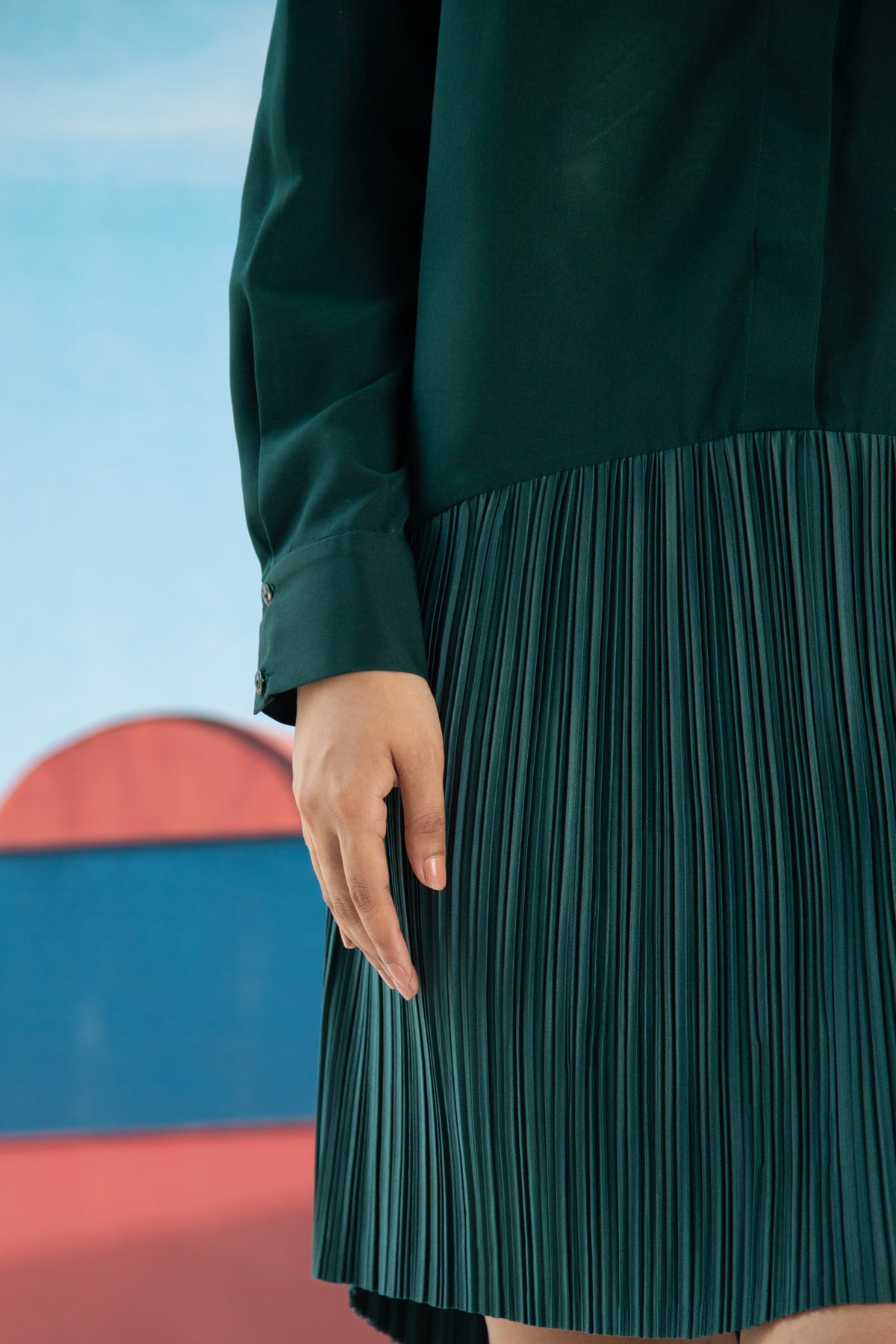 Green Shirt Pleats Dress