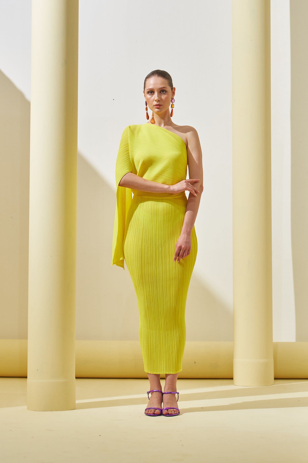 Yellow One Shoulder Drape Dress