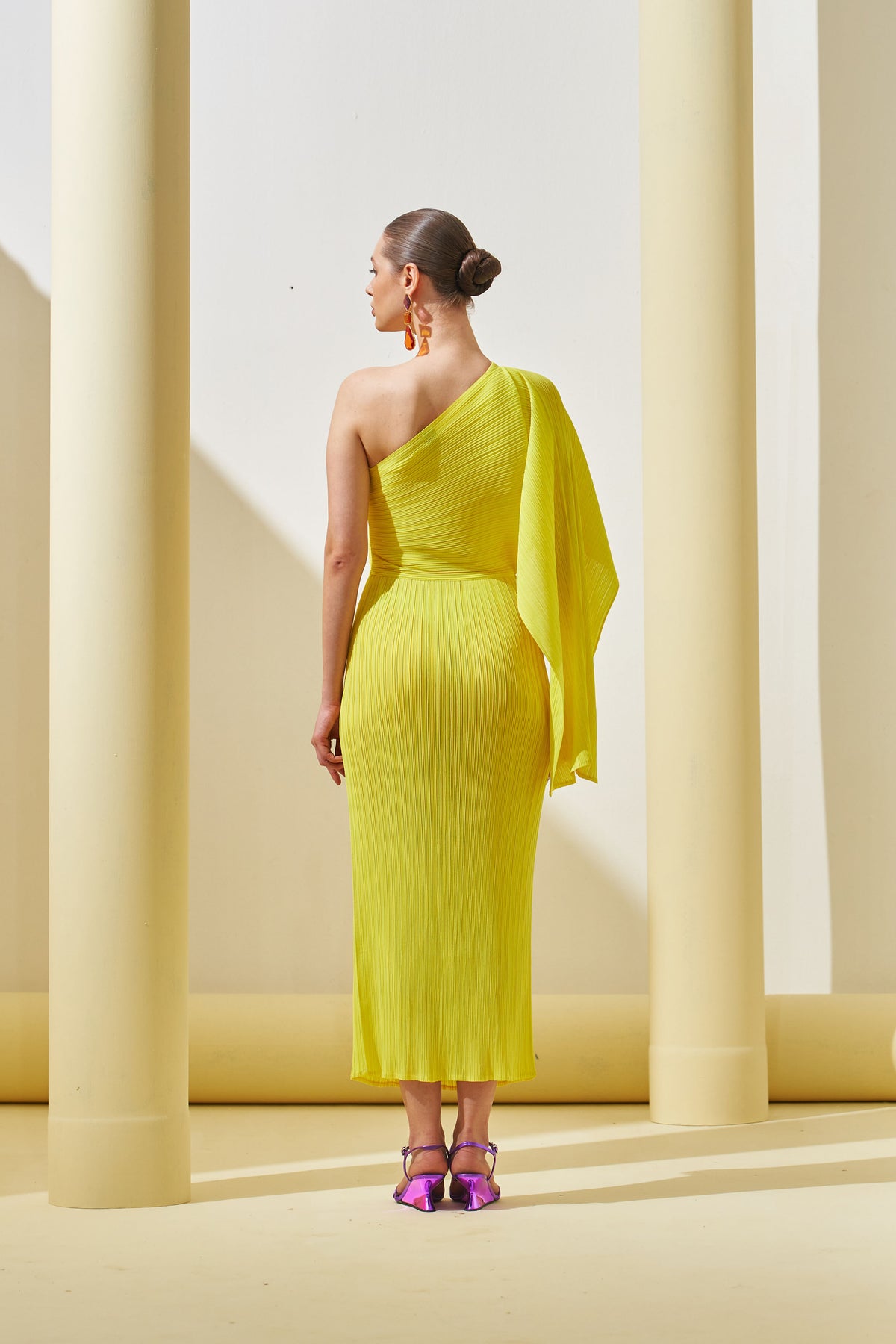 Yellow One Shoulder Drape Dress