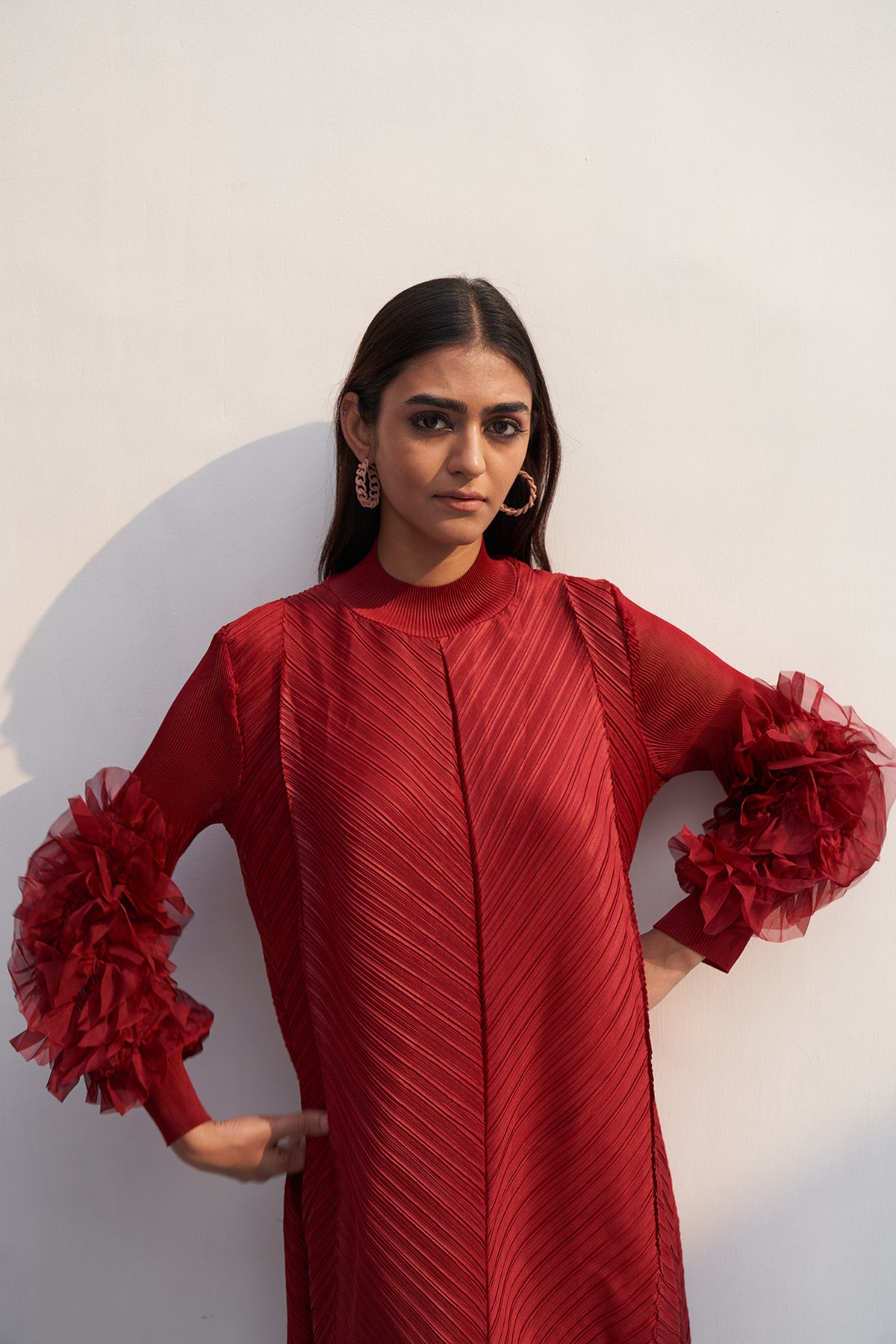 Maroon Flower Sleeves Pleats Dress