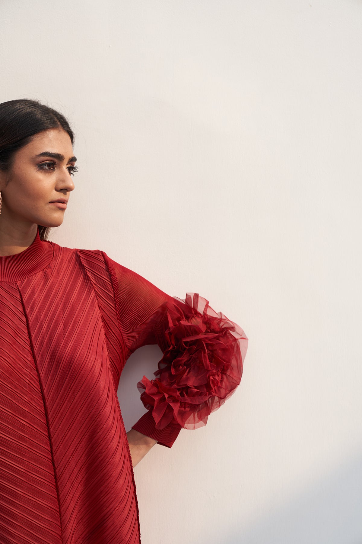 Maroon Flower Sleeves Pleats Dress