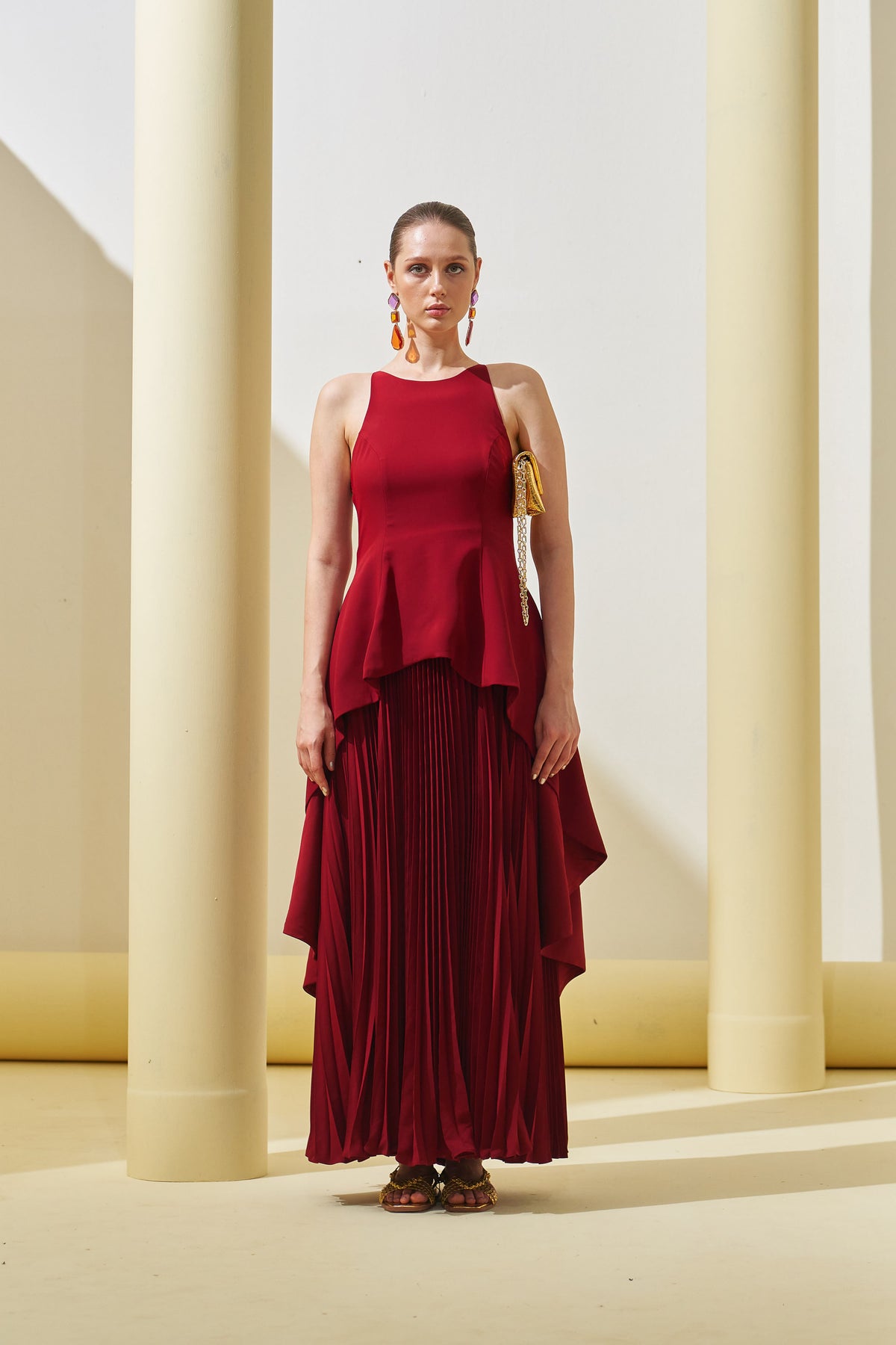 Maroon Peplum Pleated Gown