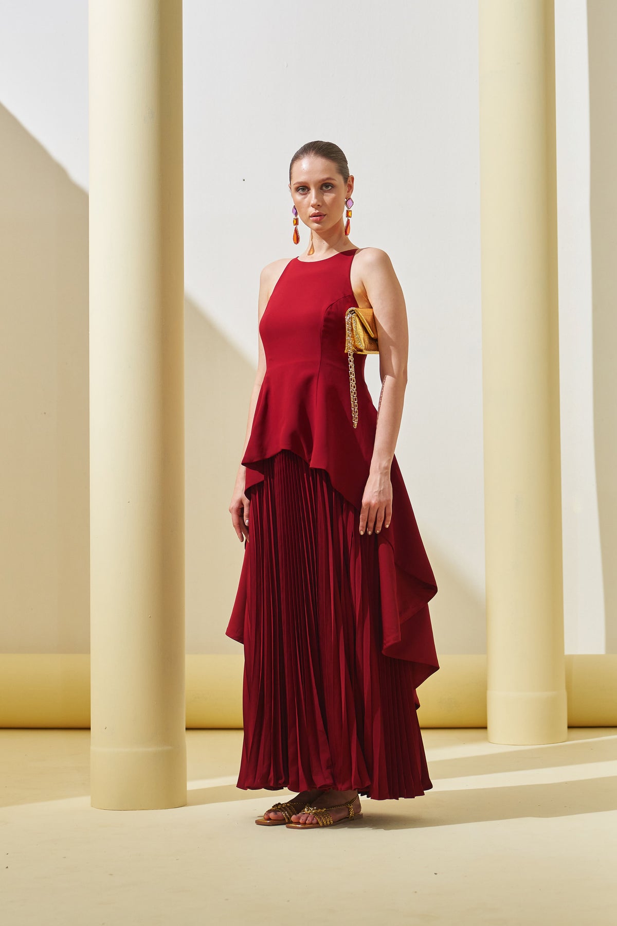 Maroon Peplum Pleated Gown