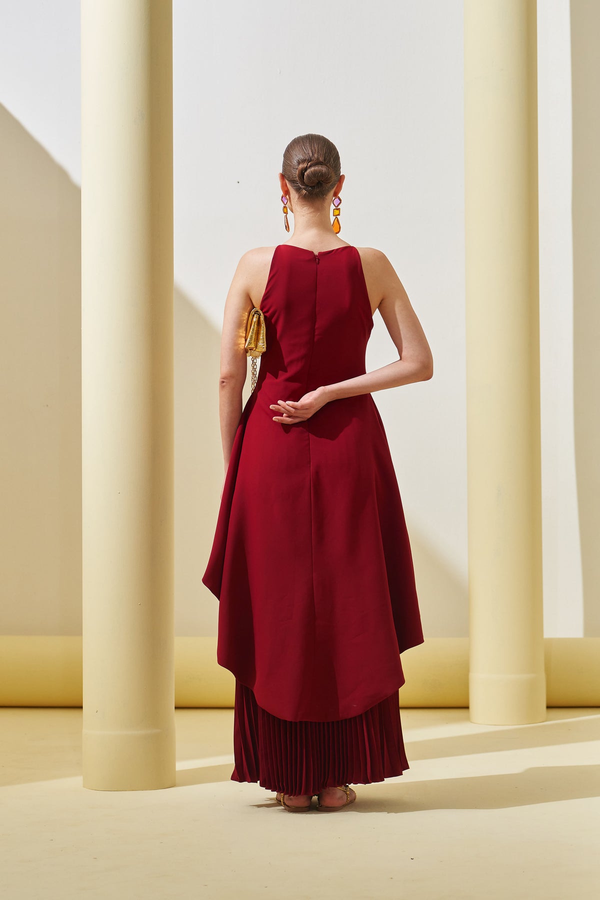 Maroon Peplum Pleated Gown