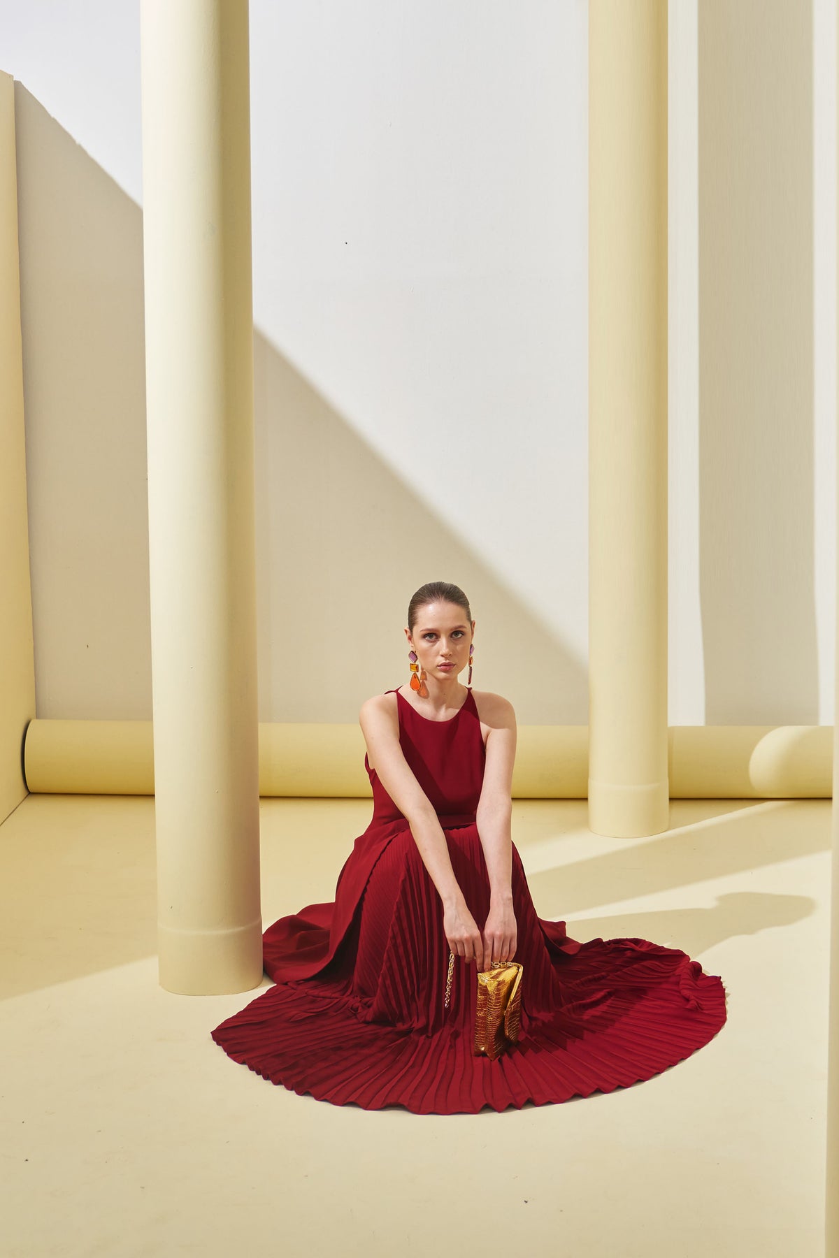 Maroon Peplum Pleated Gown