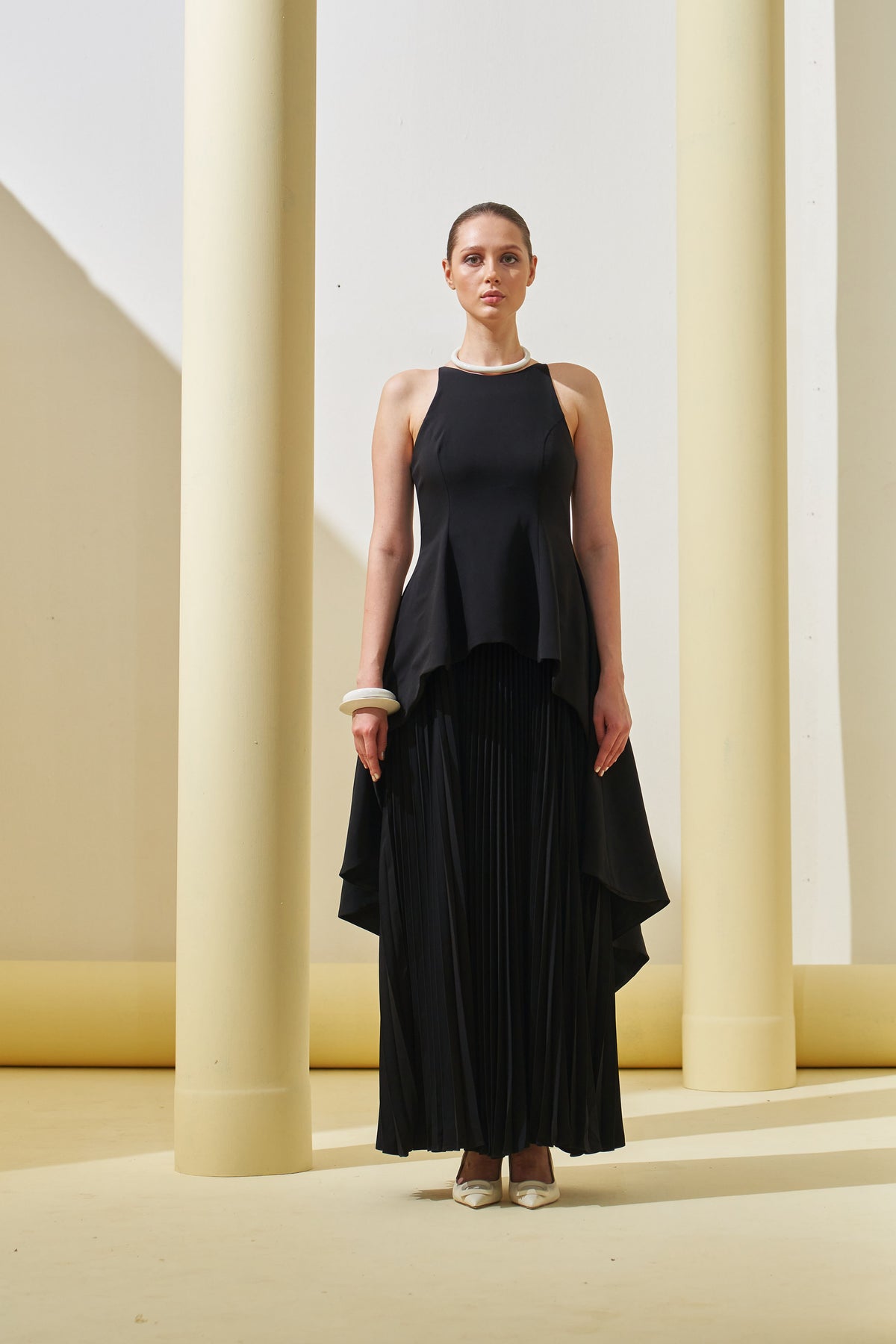 Black Peplum Pleated Gown