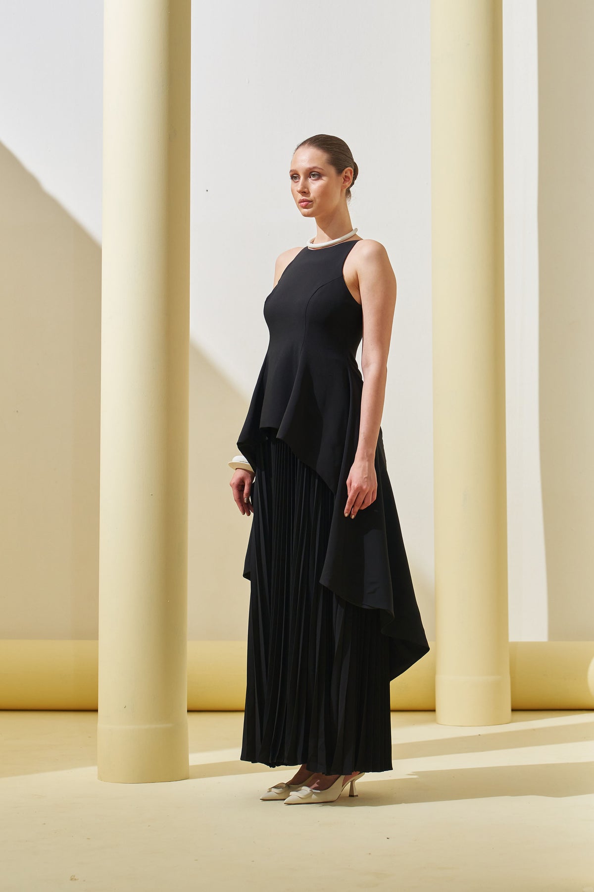 Black Peplum Pleated Gown