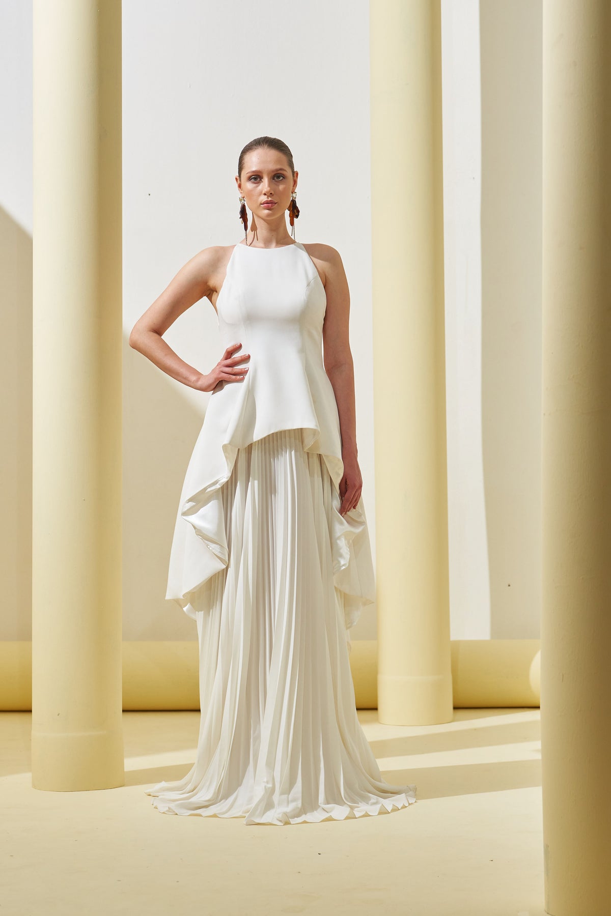 White Peplum Pleated Gown