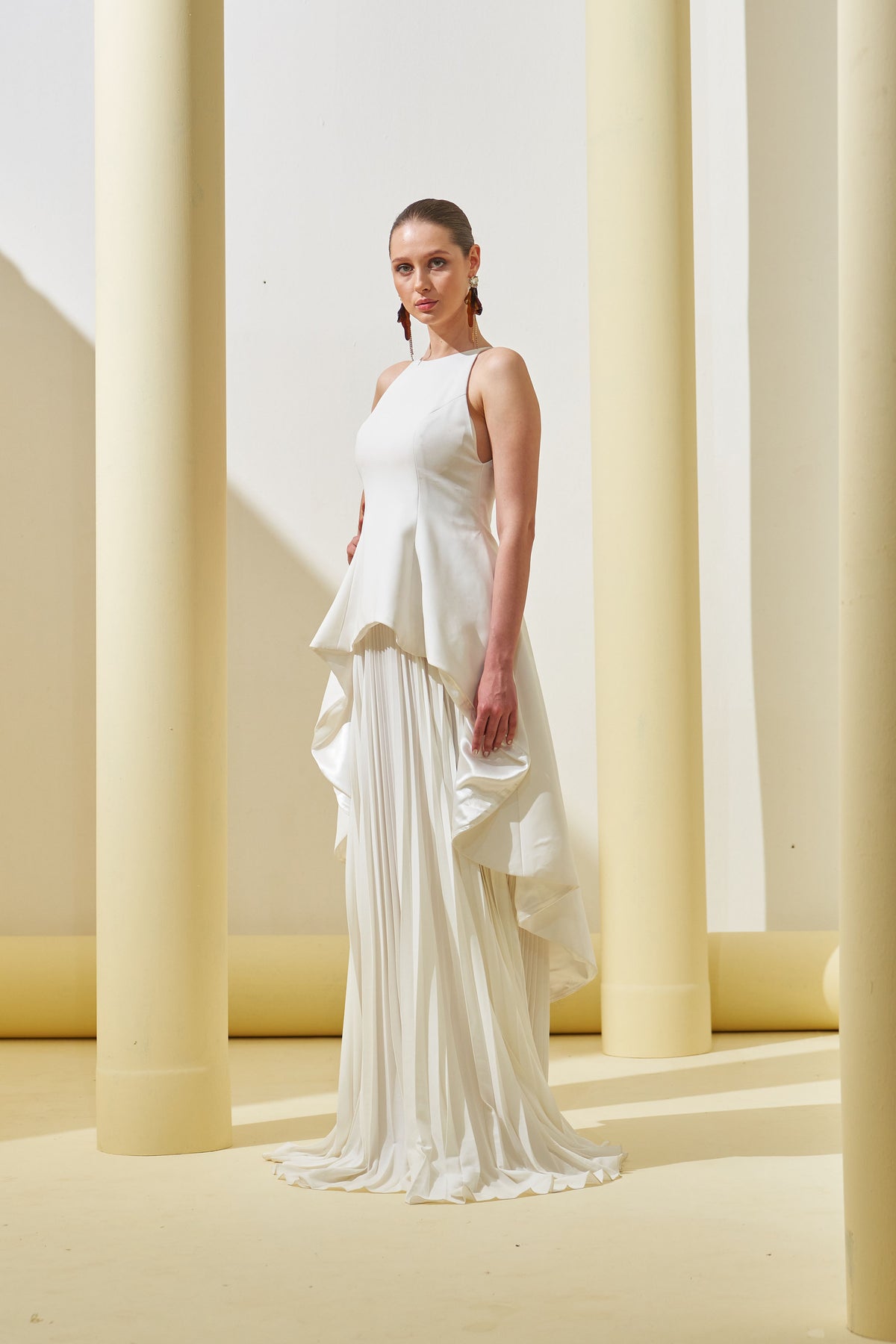 White Peplum Pleated Gown