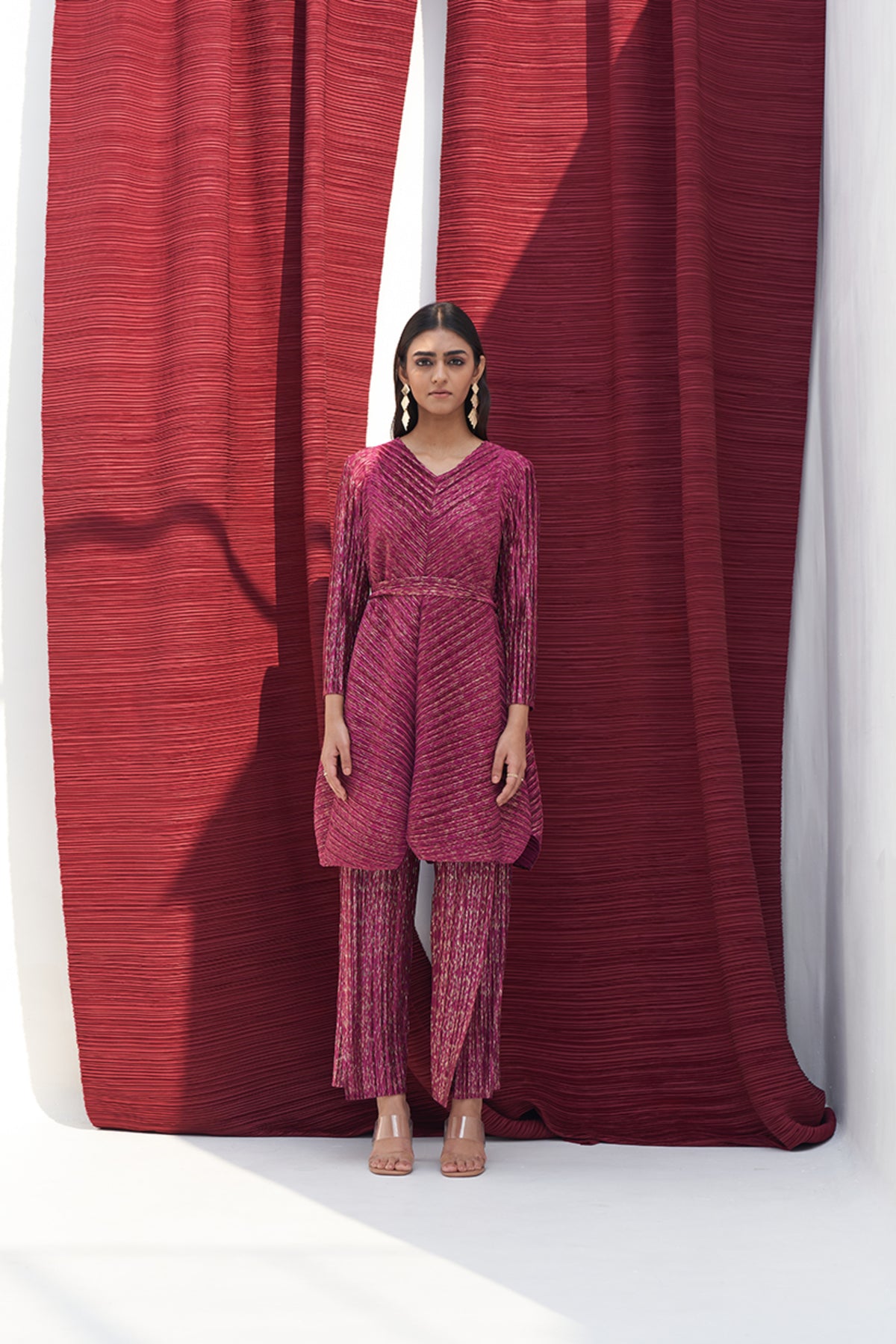 Red Metallic Long V Neck Co-ord Set
