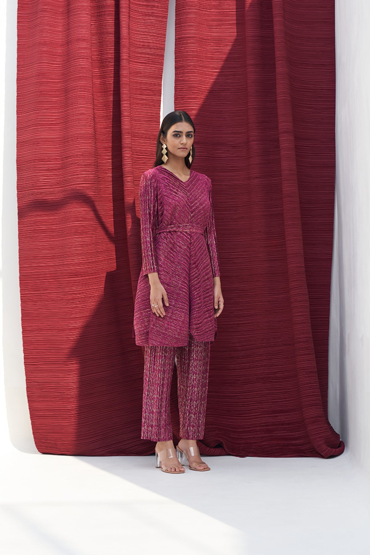 Red Metallic Long V Neck Co-ord Set