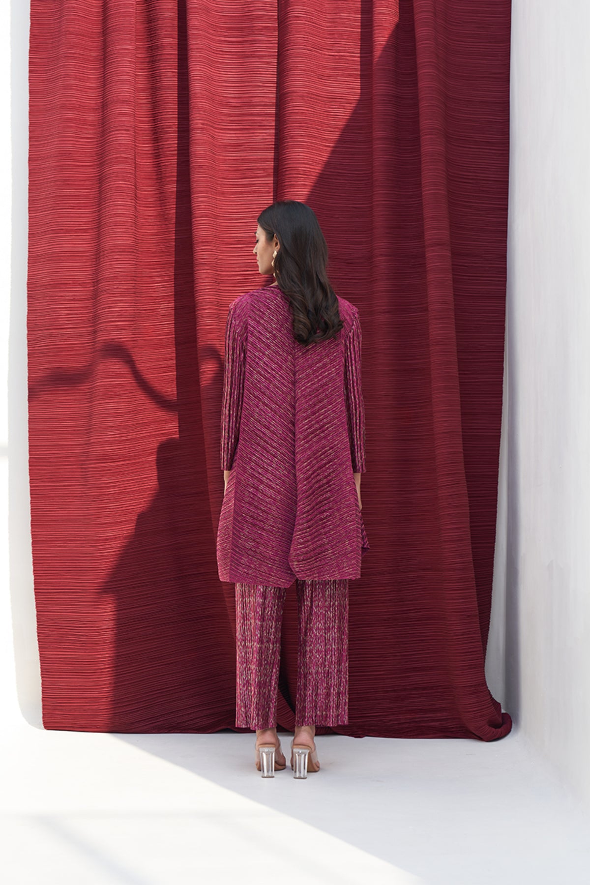 Red Metallic Long V Neck Co-ord Set