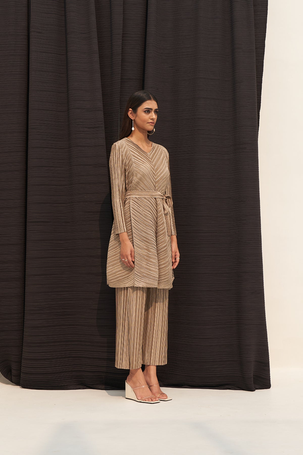 Gold Metallic Long V Neck Co-ord Set