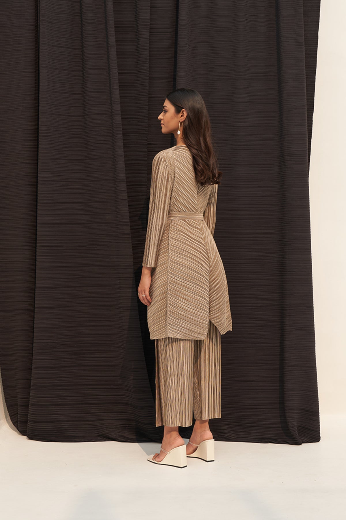 Gold Metallic Long V Neck Co-ord Set