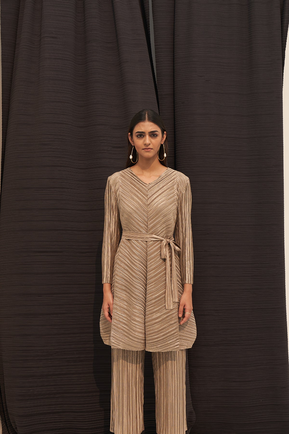 Gold Metallic Long V Neck Co-ord Set