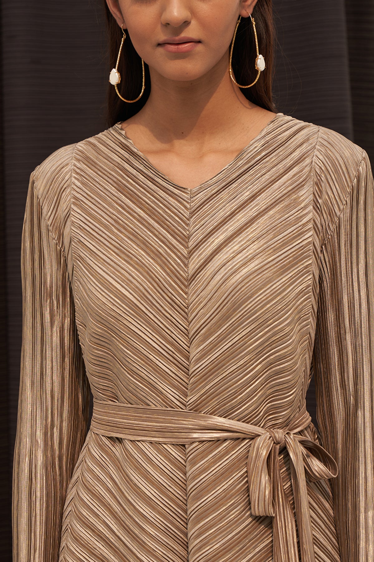 Gold Metallic Long V Neck Co-ord Set