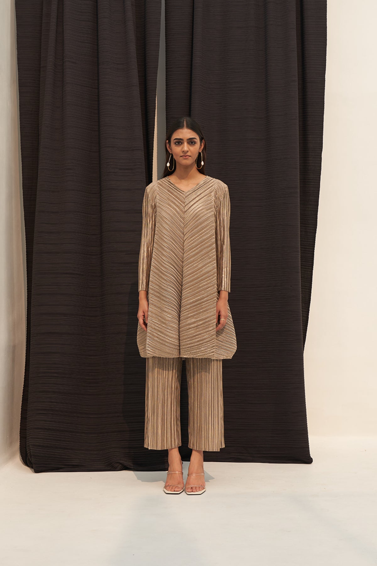 Gold Metallic Long V Neck Co-ord Set