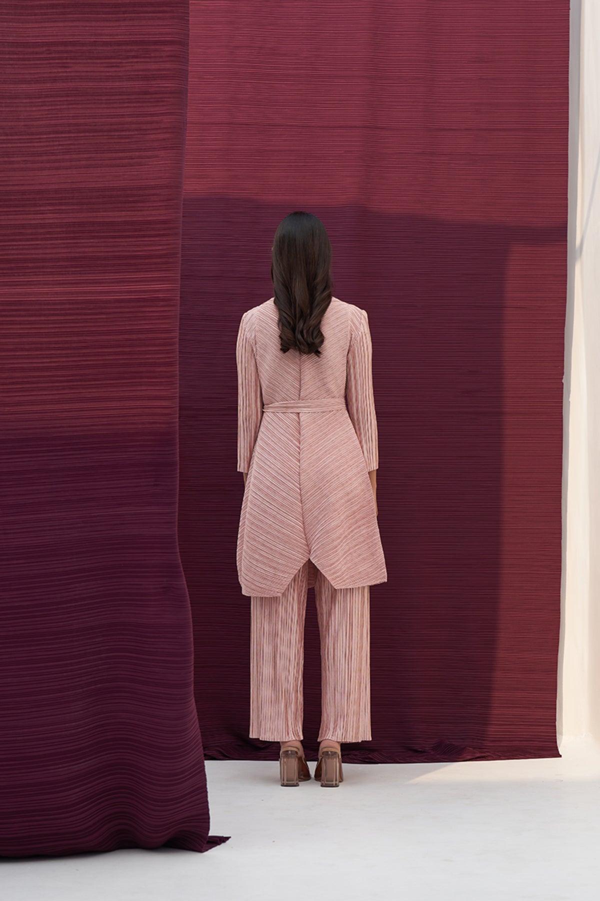 Pink Metallic Long V Neck Co-ord Set