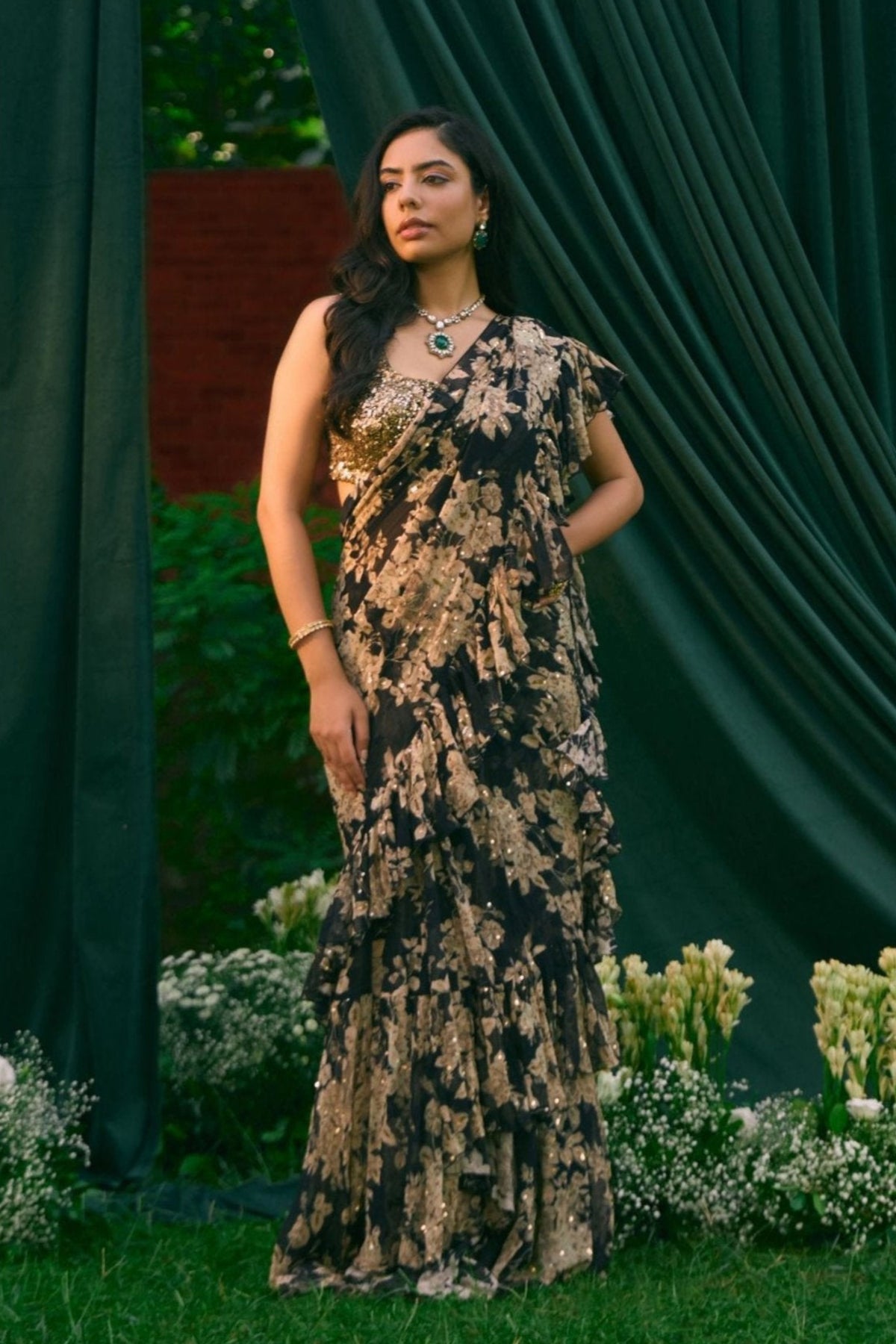 Black Chiffon Floral Frill Saree