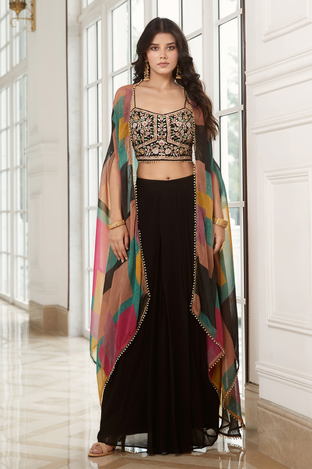 Black Skirt Set With Cape