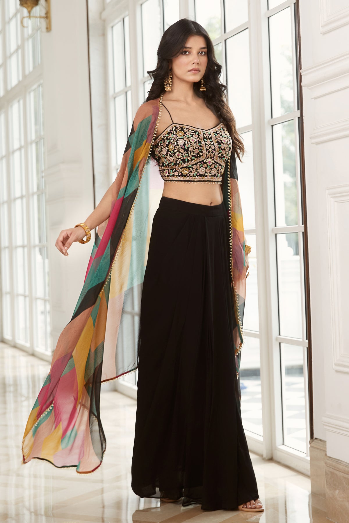 Black Skirt Set With Cape