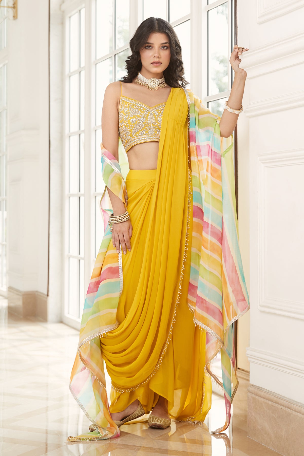 Yellow Pre-draped Saree Set