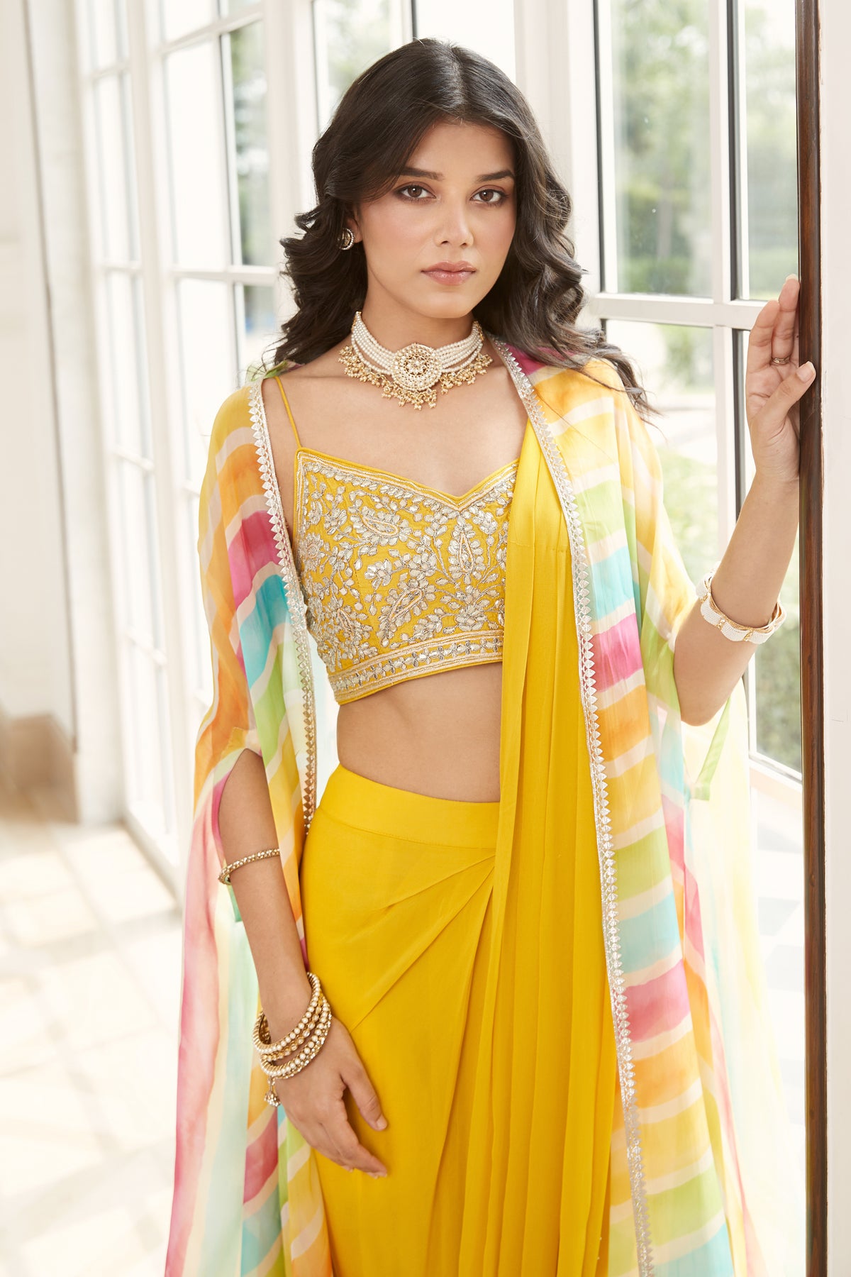 Yellow Pre-draped Saree Set